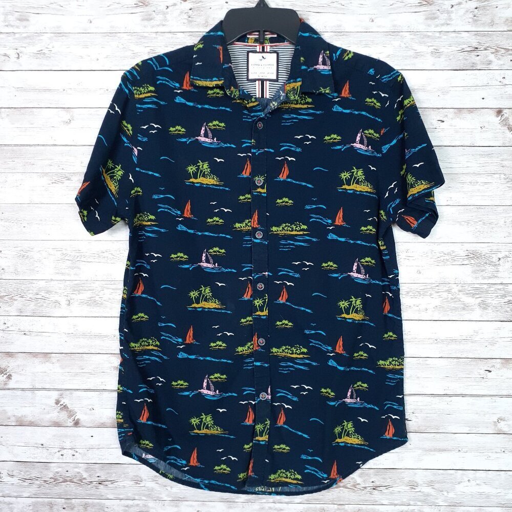 Denim & Flower Ricky Singh Mens Button Up Shirt S Slim Fit Navy Sailboats 154A - Picture 1 of 5